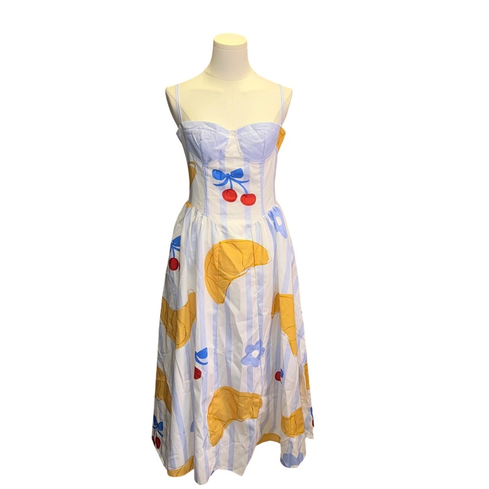 Nice To Meet You La Dolce Vita Croissant Cherry Midi Dress Blue White Stripe S